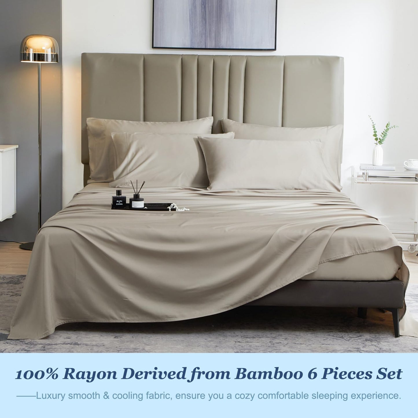 David's Home 6PCS Cooling Sheets Set Queen Size, 100% Rayon Derived from Bamboo, 16" Deep Pocket 2.5cm Wider Elastic, Luxury Silky Breathable for Hot Sleeper,Breathable Smooth Soft, Light Taupe