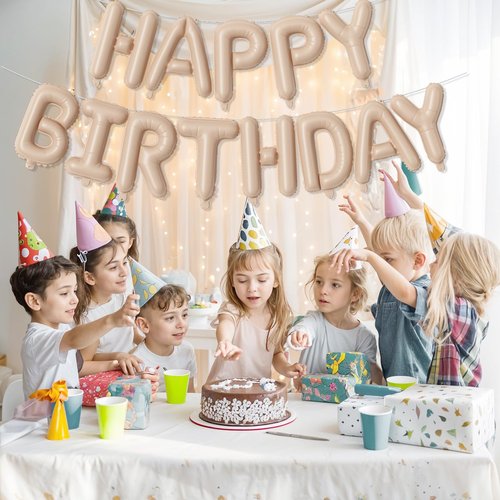 Happy Birthday Balloon Banner Beige, 16 Inch Neutral Tan Self Inflating Happy Birthday Foil Balloon, Nude Born Day Bunting Banner Letter Balloons for Men Women Bday Party Decorations Supplies