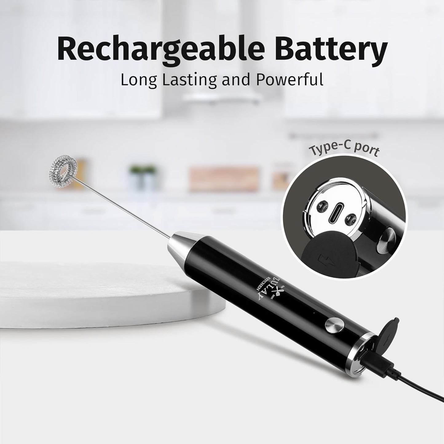 Zulay Kitchen Rechargeable Milk Frother - Powerful 2-Speed Motor, Waterproof, 2000mAh Battery | Drink Mixer for Lattes, Cappuccinos, Matcha & Protein Powder - Obsidian Black