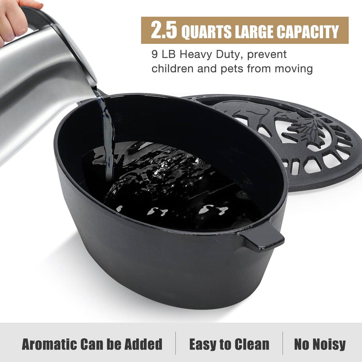 MYFIREPLACEDIRECT Wood Stove Steamer 2.5 Quart, Wood Stove Humidifier with Decorative Bear Pattern, Cast Iron Steamer for Wood Stove Rust Resistant Matte Black