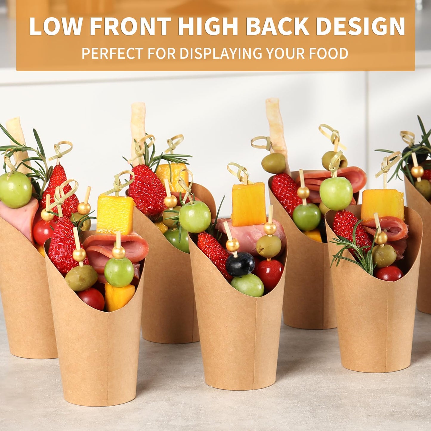 Vicuna R Charcuterie Cups French Fry Holder, 50PCS Appetizer Cups for Parties + 50 Labels, 12 oz Kraft French Fry Cup, Disposable Brown Paper Snack Cup, Charcuterie Boards Accessories