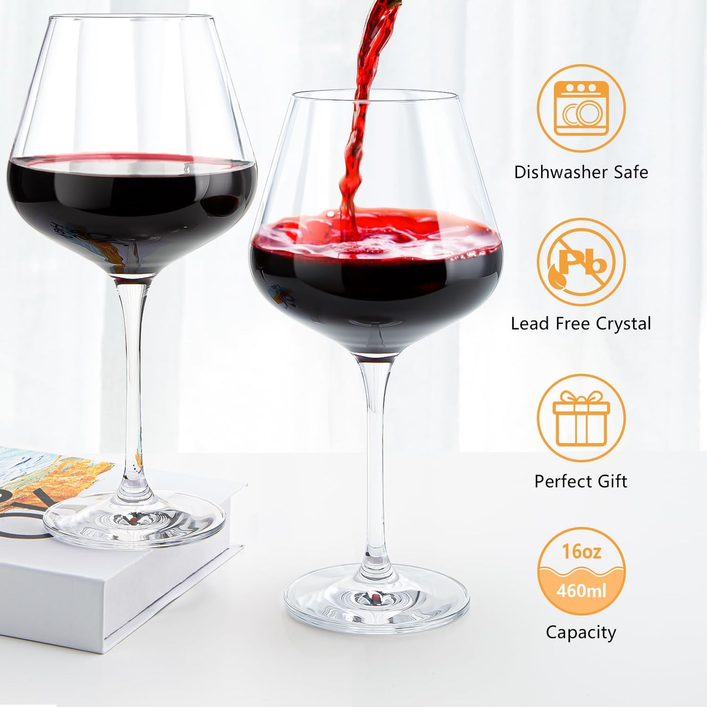 Swanfort Crystal Red Wine Glasses Set of 4 – 16 oz Elegant Long Stem Wine Glasses in Gift Box, Premium Glassware for Wedding, Anniversary, Birthday Gifts