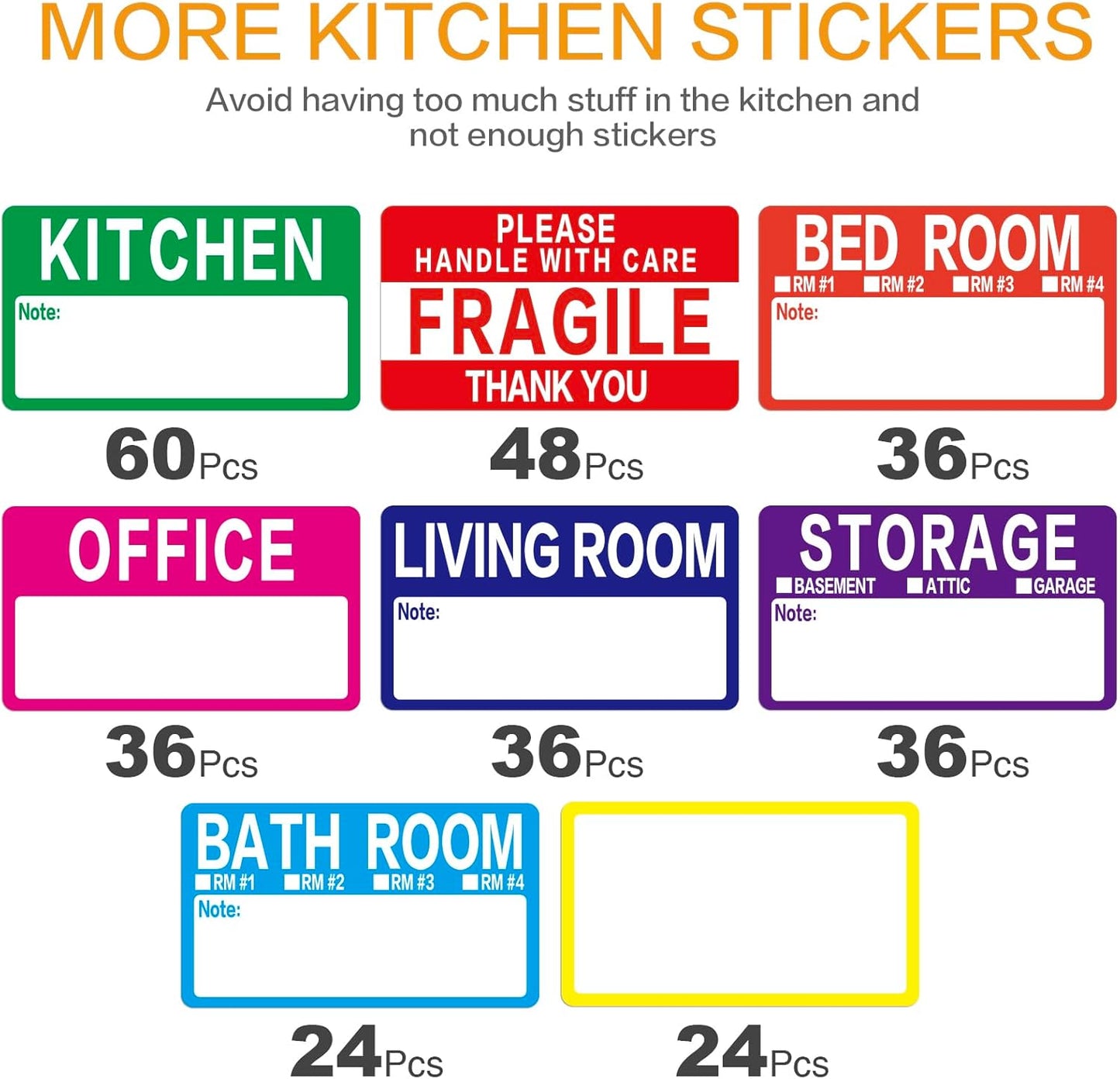 Large Home Moving Packing Box Labels - 300 Count | Color-Coded for 3-4 Bedroom House with Writable Notes