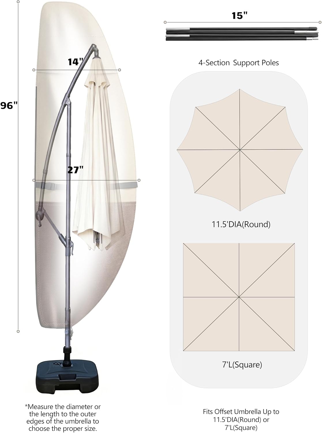 Vailge Patio Umbrella Cover - Waterproof & Windproof for 7-11.5 Ft Offset Umbrellas | Includes Support Pole & Storage Bag