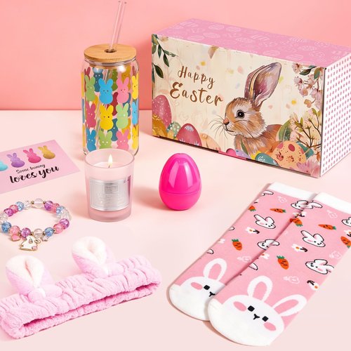 Easter Baskets for Adults, Easters Basket Easter Gifts for Teen Girls, 18oz Bunny Glass Cup Gift with Lid Straw, Prefilled Easters Basket Stuffers for Women with Candle, Bracelet, Socks Hairband