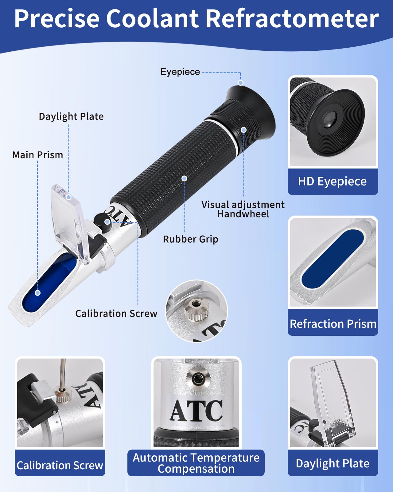 4-in-1 Antifreeze Coolant Refractometer, DEF Refractometer with ATC, Automotive Antifreeze Tester for Ethylene Glycol, Propylene Glycol, Diesel Exhaust Fluid, Battery Acid & Windshield Washer Fluid