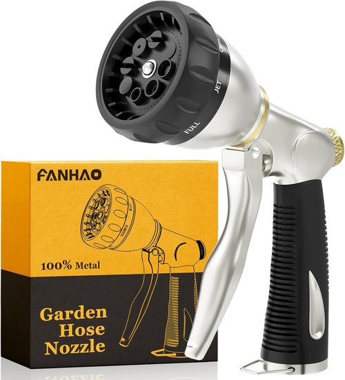 FANHAO Heavy Duty Metal Garden Hose Nozzle - 8 Adjustable Spray Patterns for High Pressure Watering | Silver