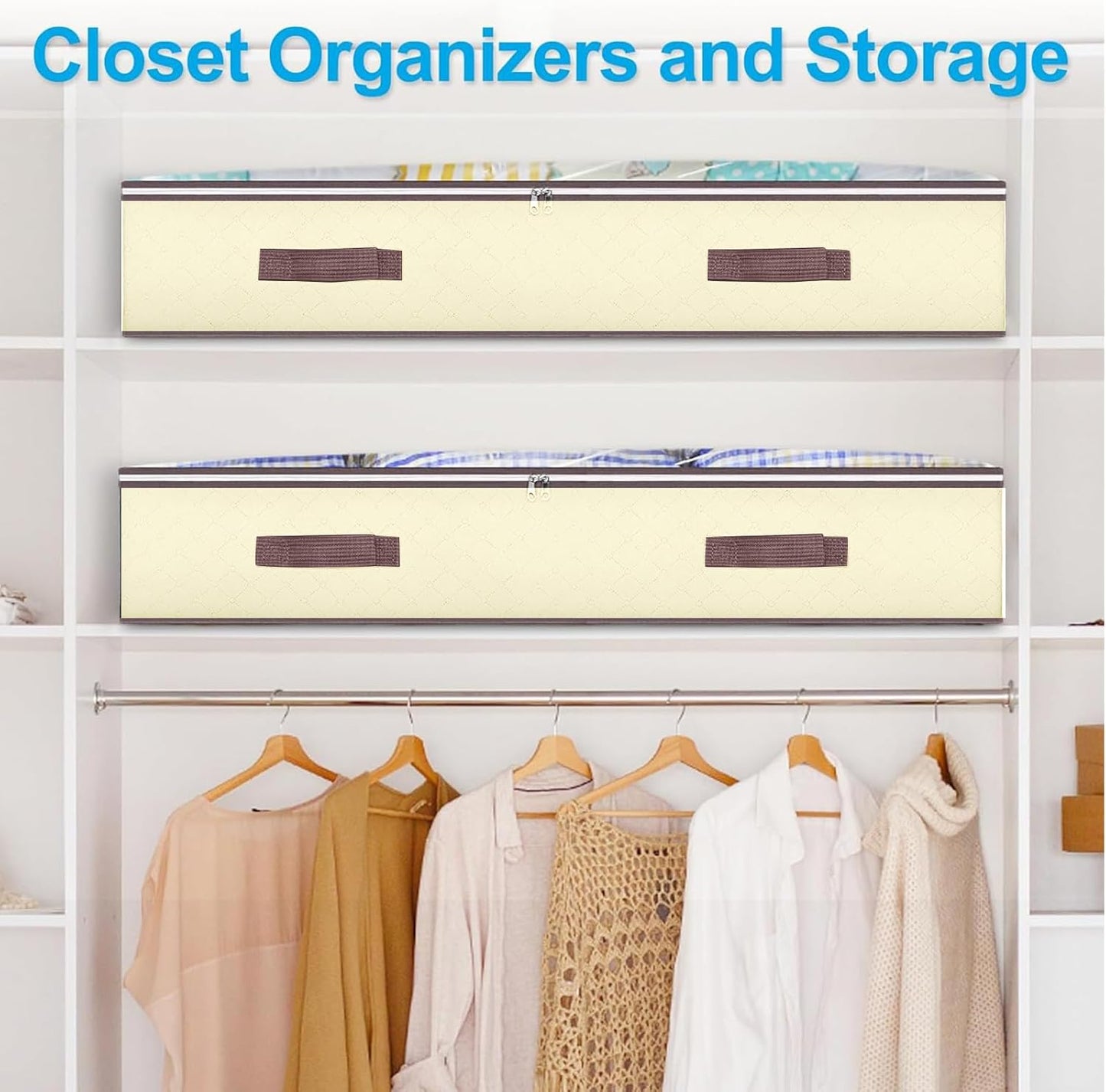 90L Under Bed Storage Containers by [Brand Name] - Clear Window Organizers for Bedding & Toys | 2 Pack Beige