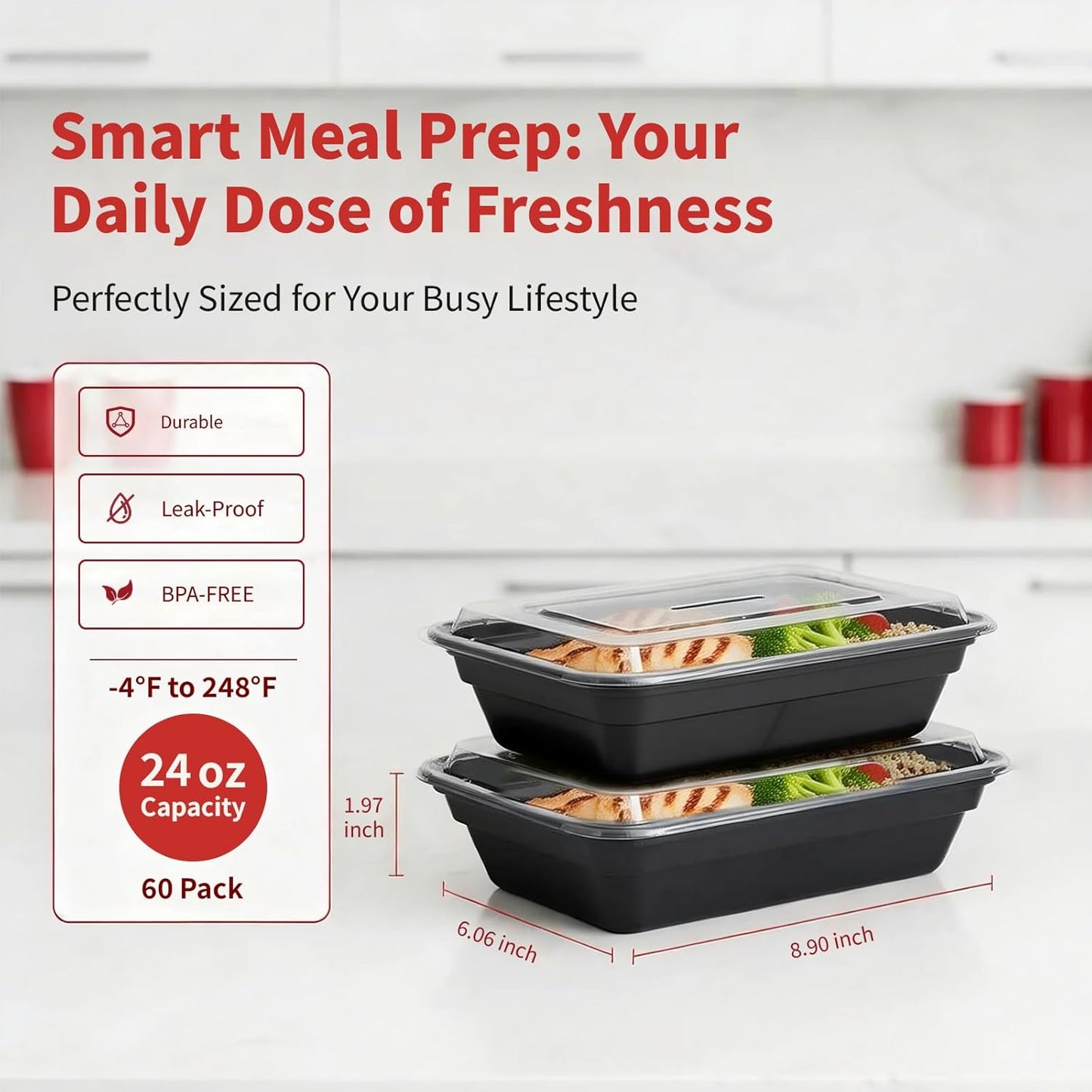 Regine Switzerland Meal Prep Containers - 60 Pack 24 oz Reusable, Leakproof, BPA-Free | Microwave & Dishwasher Safe
