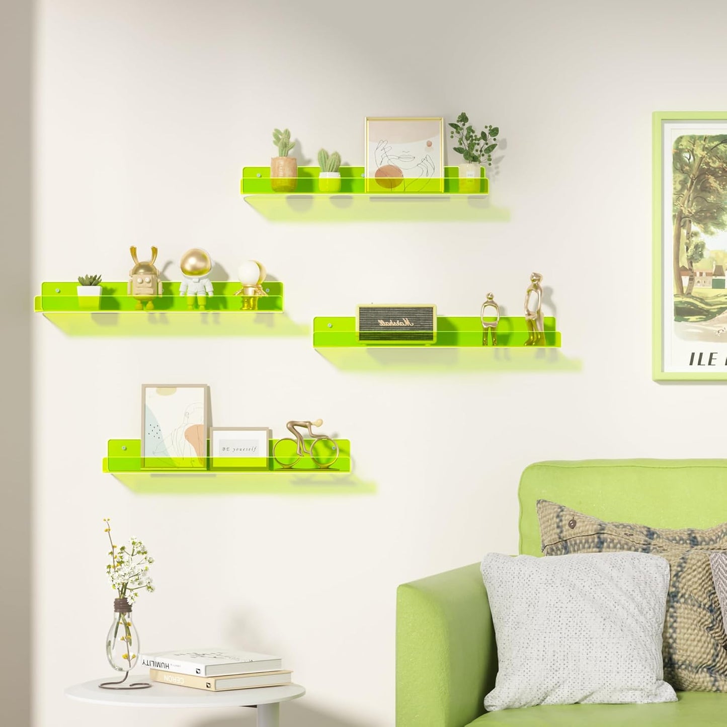 Upsimples Acrylic Wall Shelves - 15" Display Shelf for Figures & Nail Polish | Clear Fluorescent Green, 4 Pack