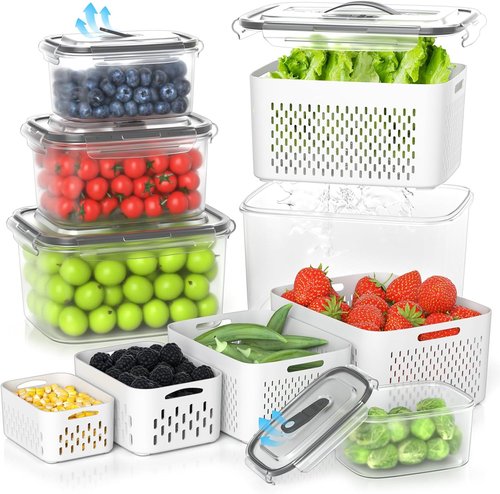 Damynuo 5-Pack Clear Fruit Storage Containers - Airtight Fridge Organizer Bins with Colander Lids
