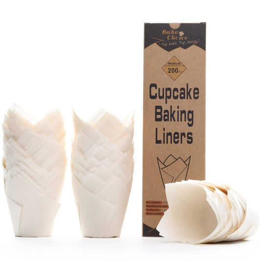 Bake Choice 200pcs White Tulip Cupcake Liners for Baking Cups European Parchment Paper Tulip Muffin Liners,Nordic Paper Cupcake Wrapper for Party, Christmas