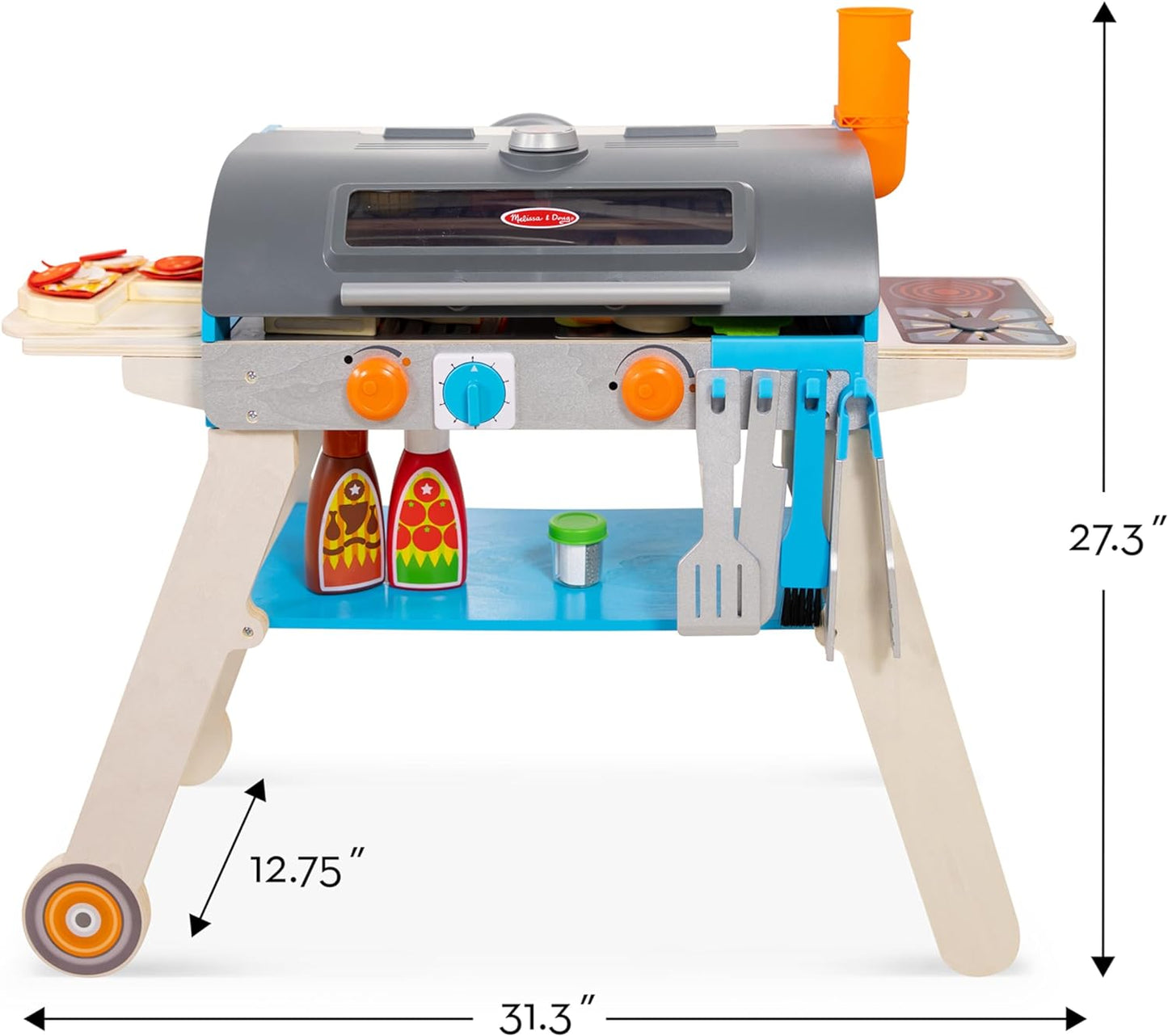 Melissa & Doug Deluxe Wooden Barbecue Grill & Smoker | Kids Play Kitchen Set with Pizza Oven & Toy Food - FSC Certified for Ages 3+