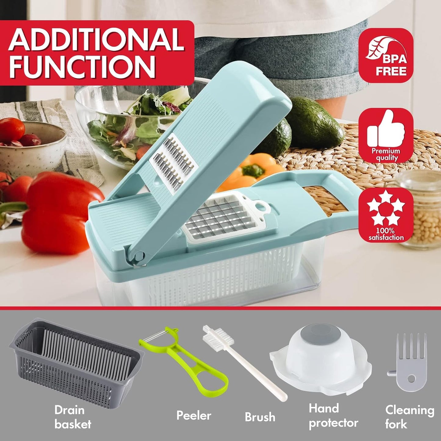 Ourokhome Vegetable Chopper - 12-in-1 Professional Mandoline Slicer with 8 Blades & Strainer Basket - Blue
