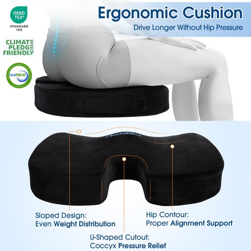 CloudBliss Lumbar Support Pillow & Seat Cushion Set for Office Chair, Desk Chair, Wheelchair & Car – Memory Foam Back Support, Ergonomic Chair Cushions, Sciatica Pain Relief, Home Essentials, Black