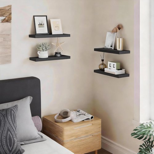 BAYKA Floating Shelves - Rustic Wall-Mounted Wood Shelves for Home Decor | 15.7in, Black, Set of 4