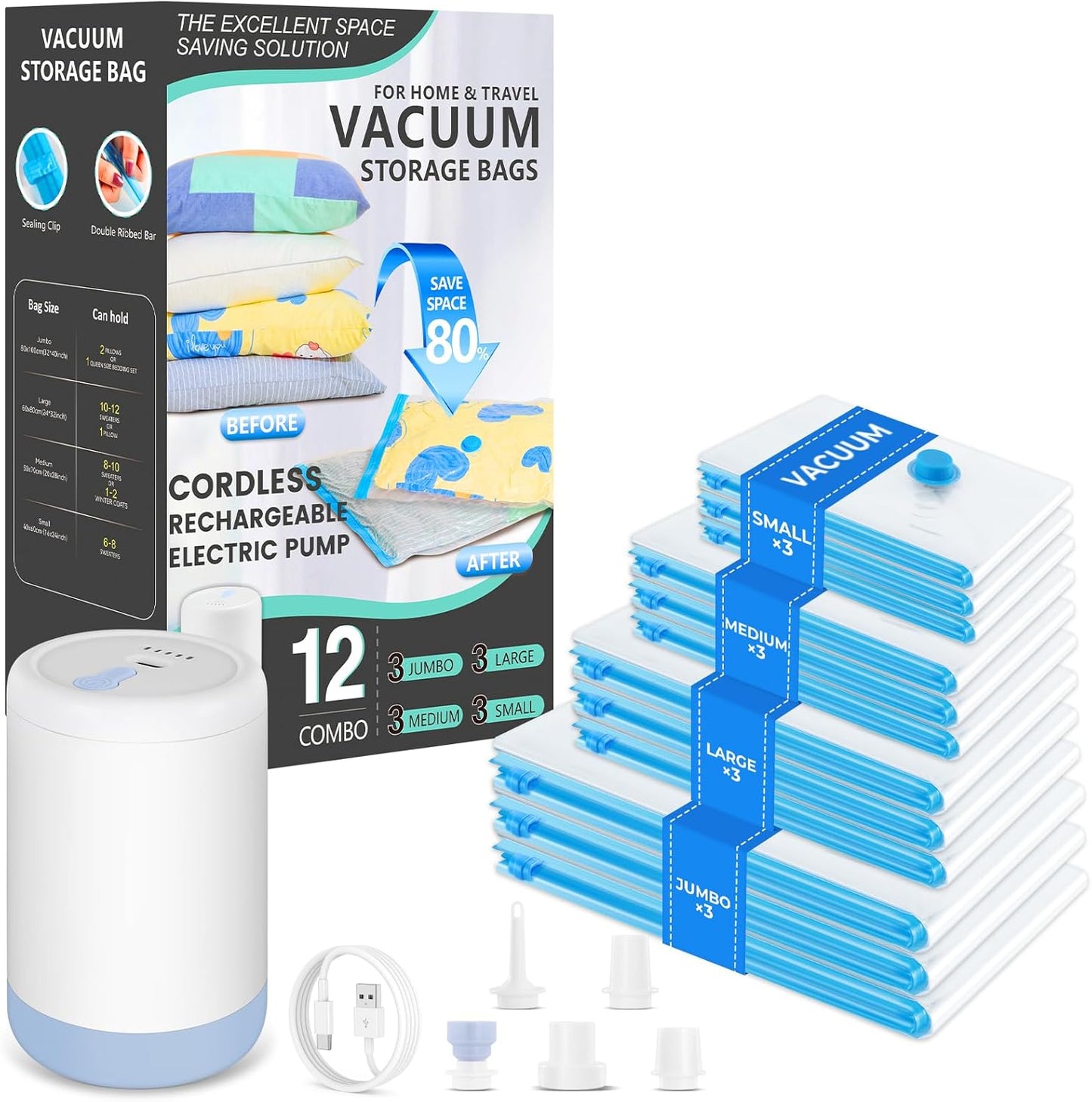 Skiennix Vacuum Bags for Travel - 12 Pack Compression Bags with Portable Electric Pump | Space Saver for Luggage