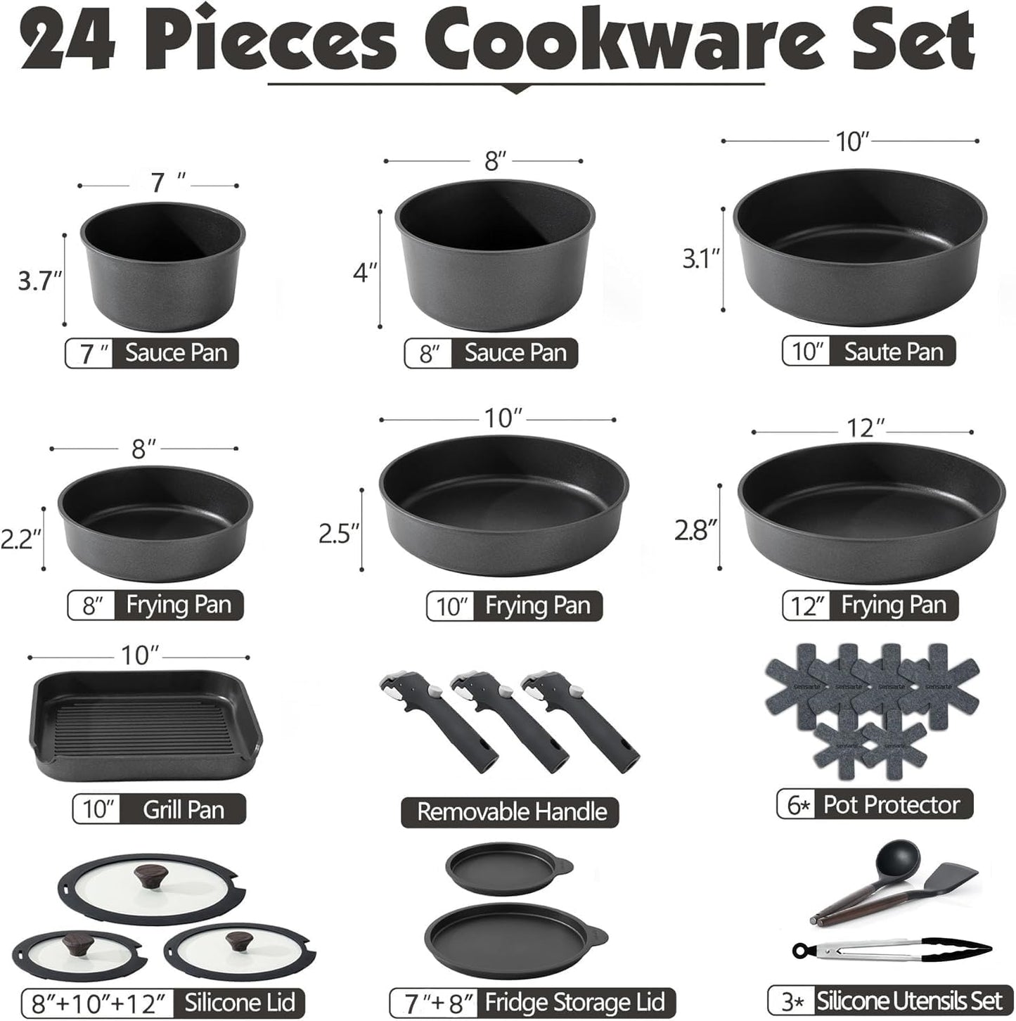 SENSARTE 24-Piece Nonstick Cookware Set - Detachable Handle, Induction & Oven Safe | Black