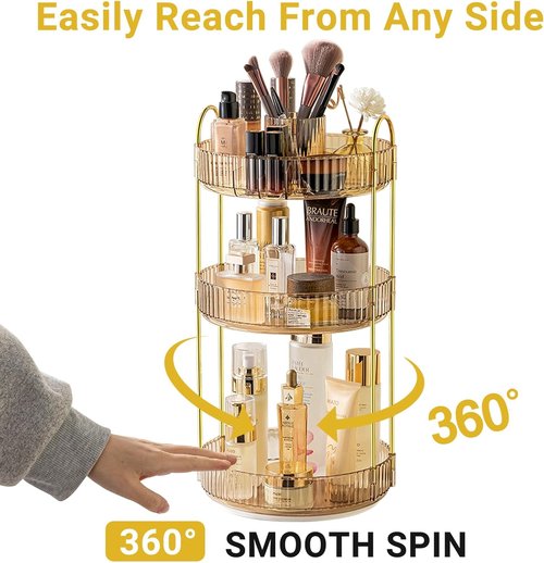 Asayuee 360 Rotating Makeup Organizer - Large 3-Tier Storage for Cosmetics & Skincare | Gold