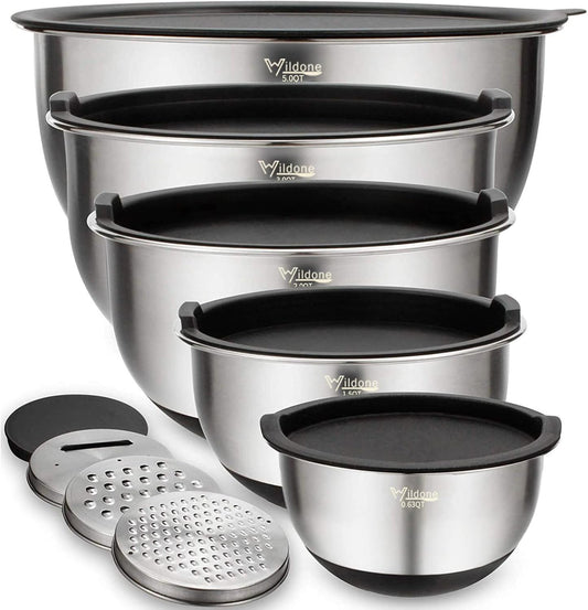 Wildone Mixing Bowls Set - 5PCS Stainless Steel Nesting Bowls with Airtight Lids & Grater Attachments | Non-Slip Bottoms, 0.63 to 5 QT