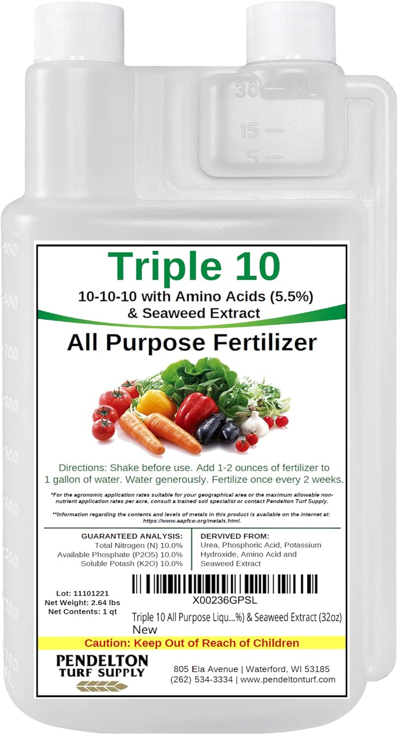 Triple 10 All-Purpose Liquid Fertilizer - 10-10-10 Formula with Amino Acids & Seaweed Extract | 32oz
