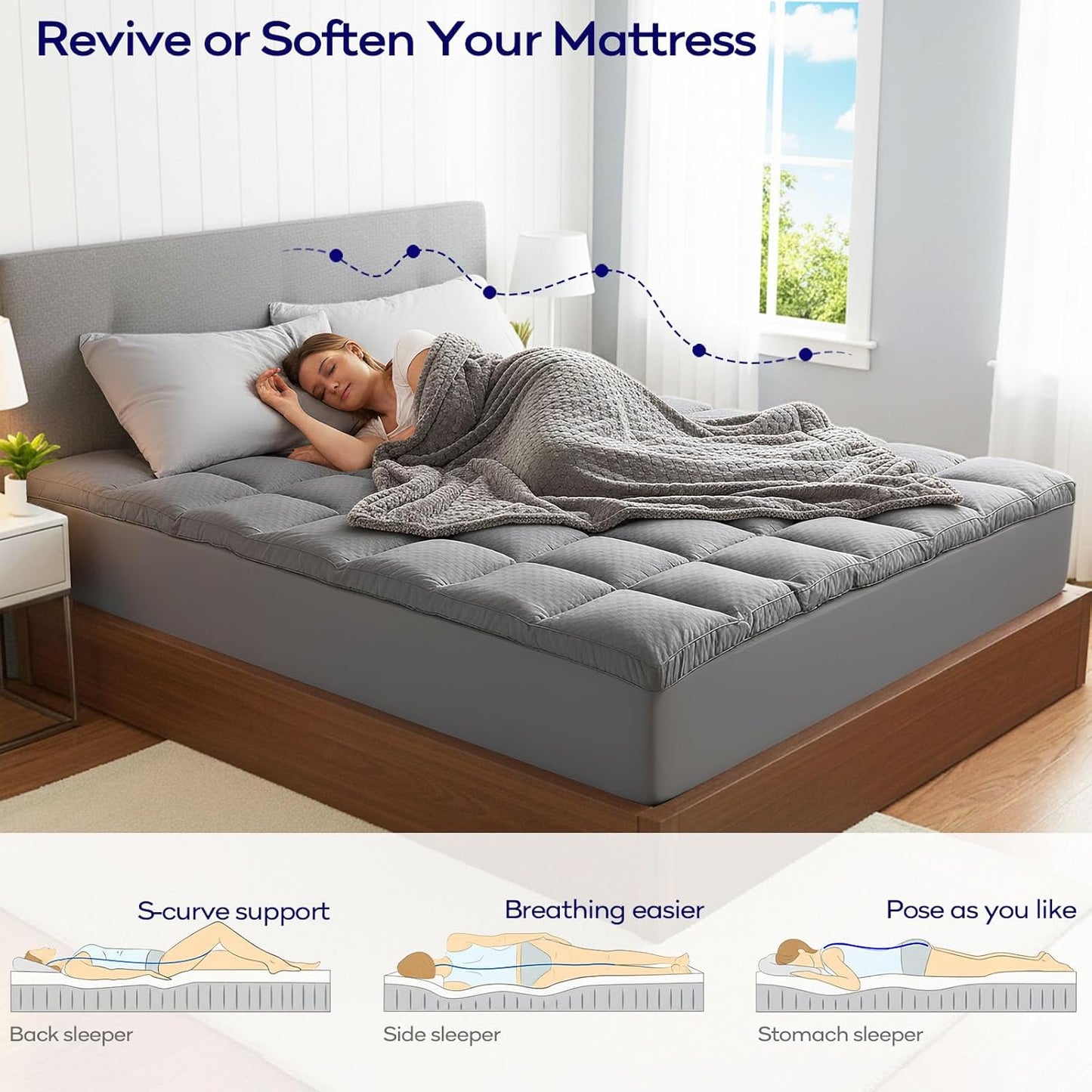 OLANLY Queen Size Memory Foam Mattress Topper - Dual-Layer 4 Inch Cooling Pillow Top & Gel Foam, Grey