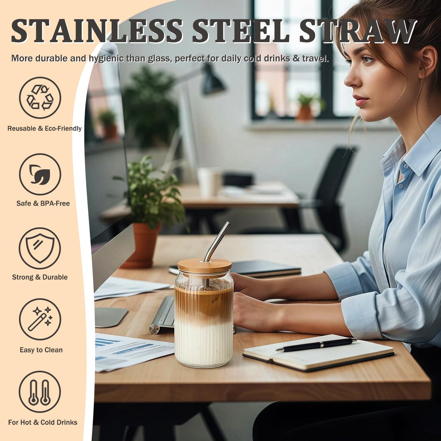 Lyghei 2 Packs Ribbed Glass Tumbler with Lid and Straw 16 oz Vintage Ice Coffee Cup Set Bulk Simple Smoothie Juice Matcha Tea Water Slushie Clear Hot Drink Glasses Travel Mug Modern Kitchen Glassware