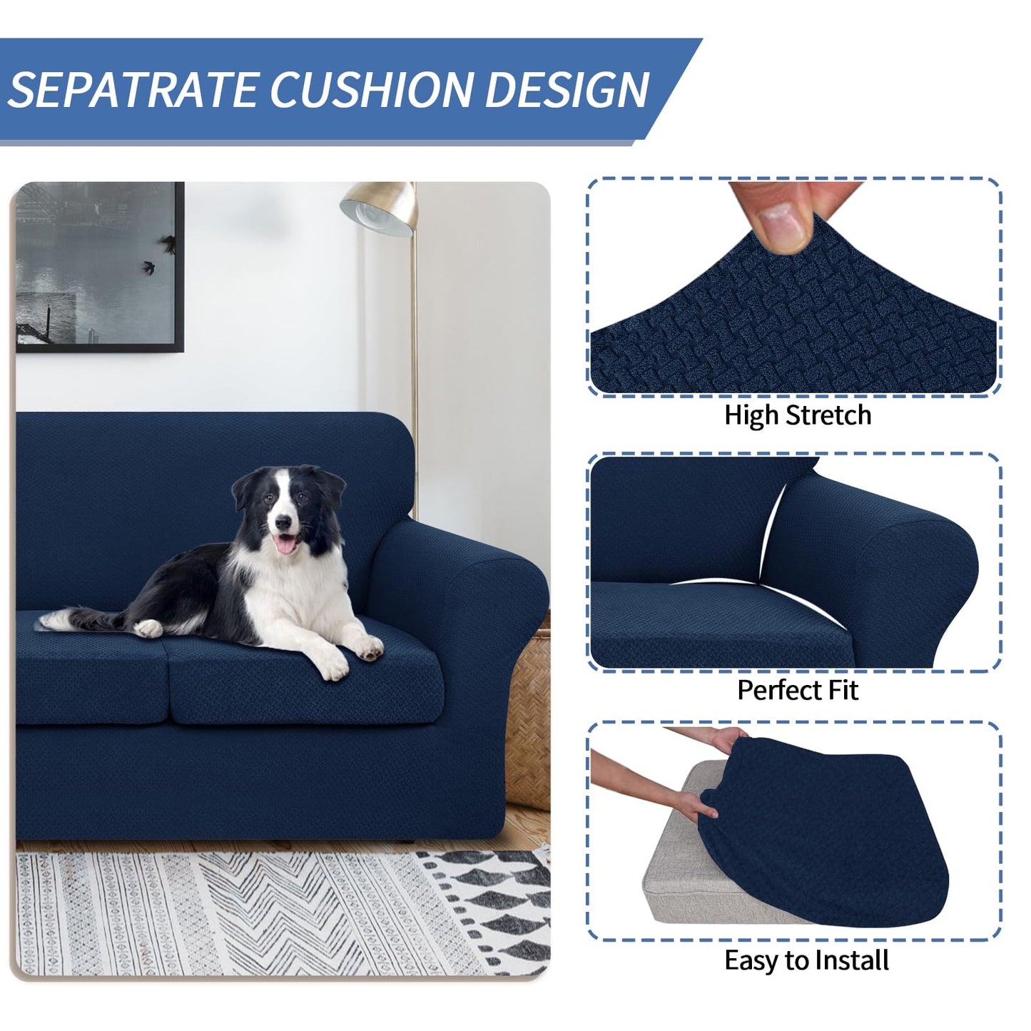 JIVINER 3 Pieces Couch Covers for 2 Cushion Couch Stretch Sofa Slipcover with 2 Extra Large Seat Cushion Covers Thick Fitted Loveseat Sofa Covers for Living Room (XL Loveseat, Navy Blue)