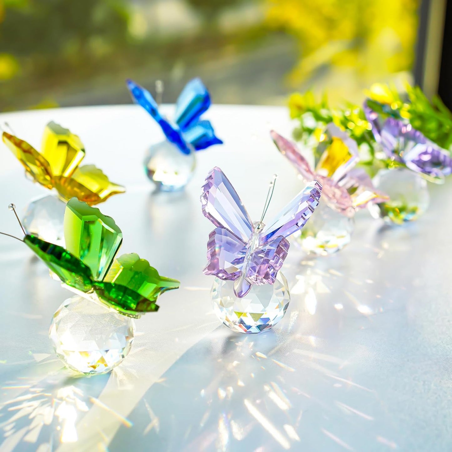 Kanpura Crystal Butterfly Figurines - 2 Pcs Glass Statues with Ball Base for Home Christmas Decor | Purple