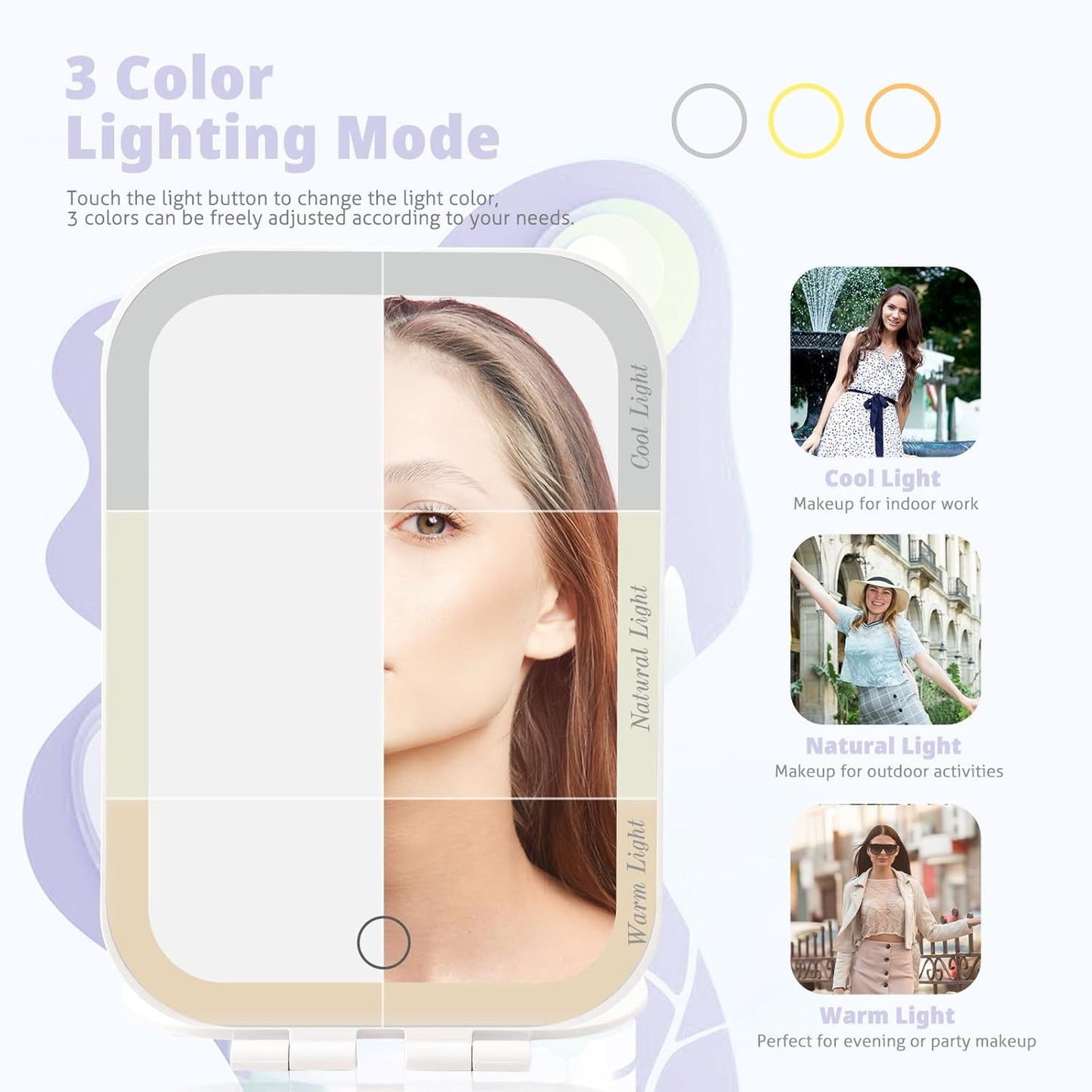 Skiennix Travel Makeup Mirror - Portable USB-Rechargeable Vanity Mirror with 3 Light Settings | Perfect Gift for Women and Girls