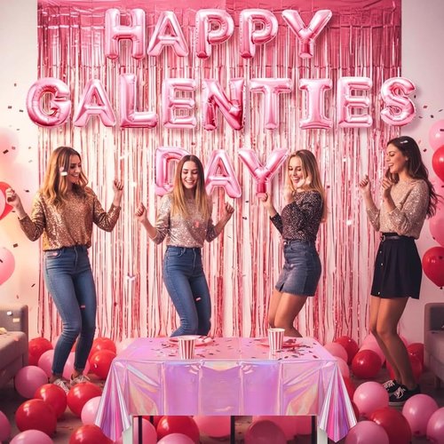Auihiay Galentines Day Decorations Kit - 130pcs+ Pink Foil Fringe Curtains, Table Cloth, Pink Letter & Heart Balloons, Lips Balloons, Heart Banner Decor for Girls Galentines Day Birthday Party