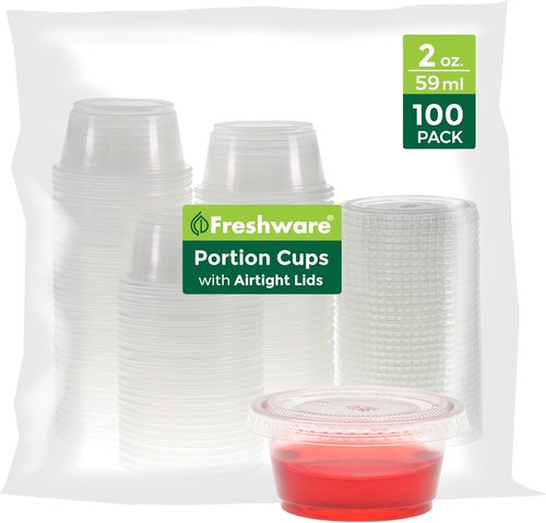 Freshware Portion Cups - 2 Ounce Disposable Plastic Cups with Lids | 100 Sets for Meal Prep & Sauces