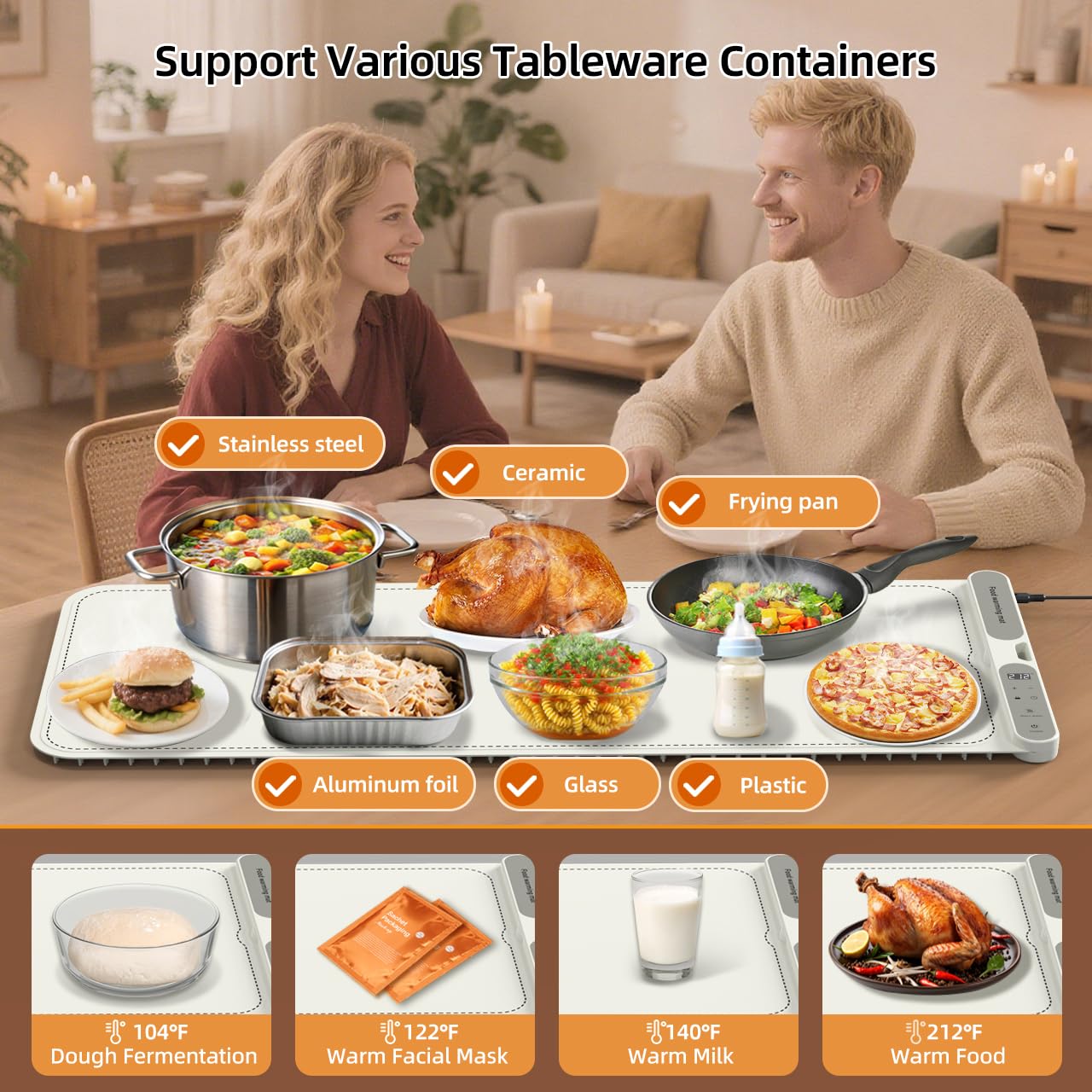 Budsom Food Warming Mat - 8s Fast Heating Electric Warming Tray with 7-Level Temperature & 8-Hour Timer, Roll-Up Portable Food Warmer for Home Dinner, Party, Travel, Outdoor Picnic (Extra Large)