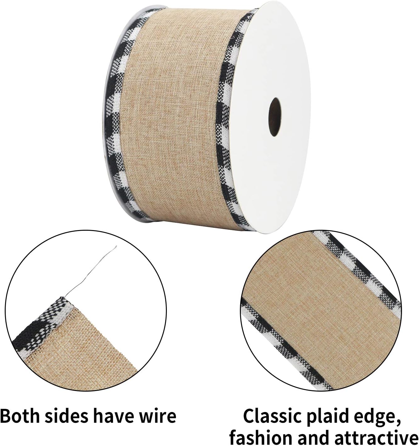 MEEDEE Burlap Christmas Ribbon - 2.5 Inch Wired Plaid with Black & White Edging | 10 Yards for Tree & Wreath Decor