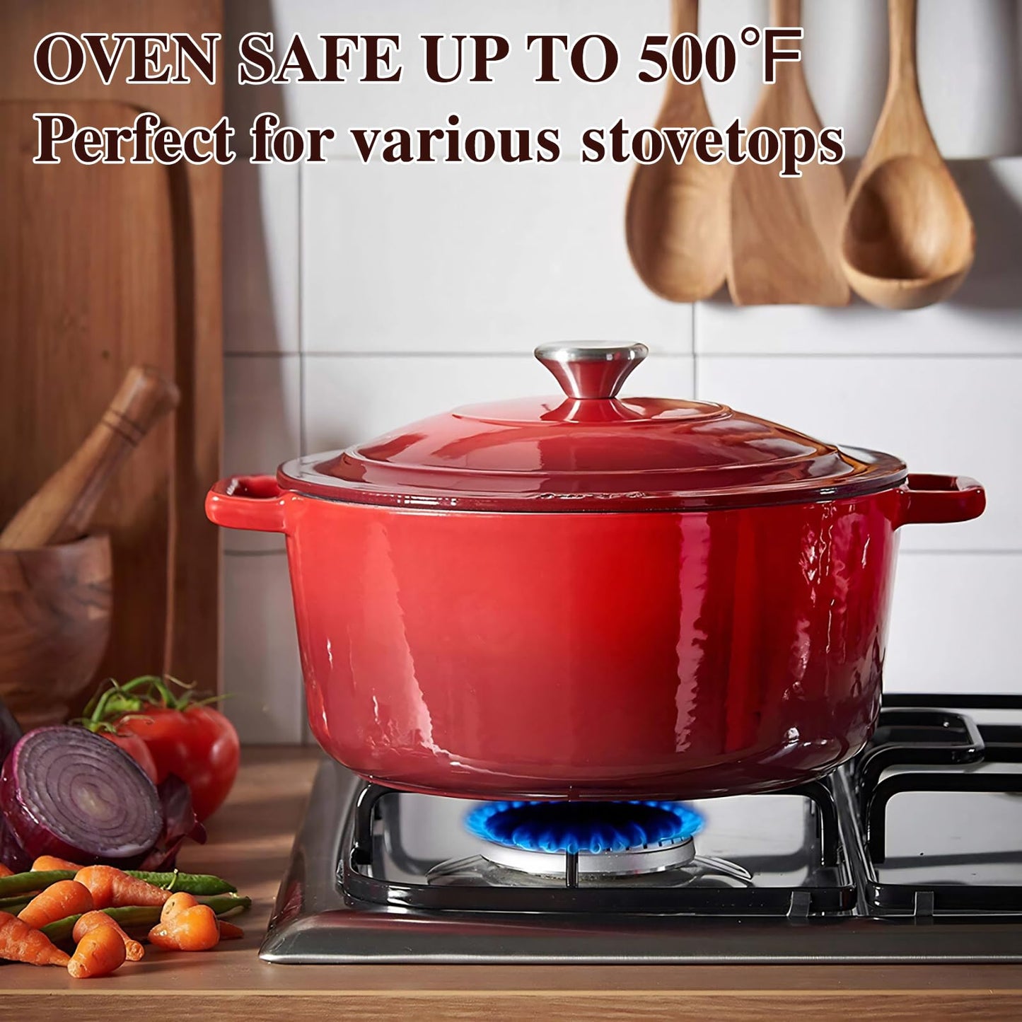 Umite Chef 7QT Enameled Cast Iron Dutch Oven with Lid & Cotton Potholders–Heavy-Duty Cookware for Bread Baking, Braising, Stews, Marinate, Cook(Red)