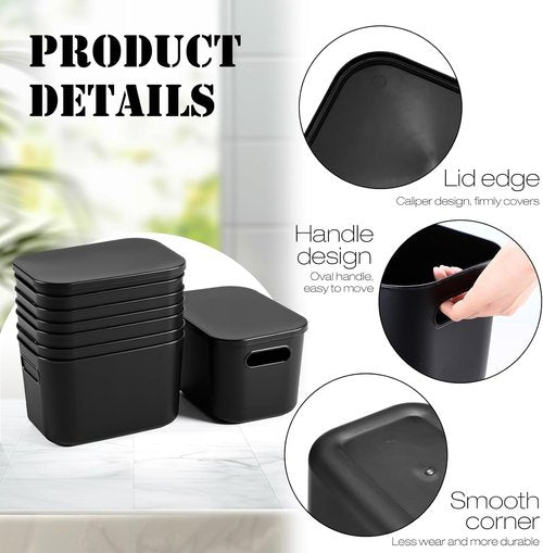 Hoolerry Colorful Storage Bins - 8-Piece Stackable Plastic Organizing Containers with Lids | Black (9.8 x 7.1 x 6.3 Inch)