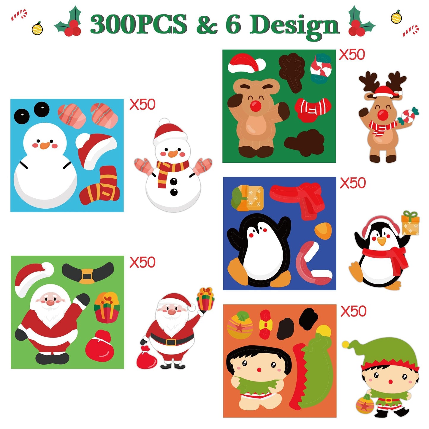 Haooryx Christmas DIY Sticker Roll - 300 Pcs Make Your Own Snowman Penguin Santa Claus Decorative Stickers Self Adhesive Waterproof Vinyl Water Bottle Laptop Phone Case Activity Christmas Party Favor