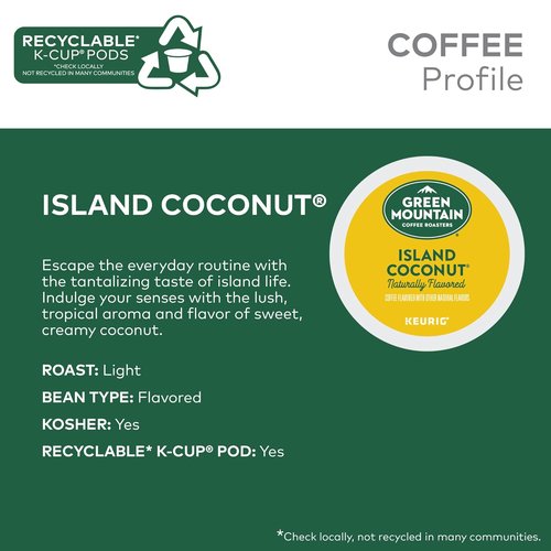 Green Mountain Coffee Roasters Island Coconut K-Cup Pods - Light Roast Coffee, 96 Count (4 Packs of 24)