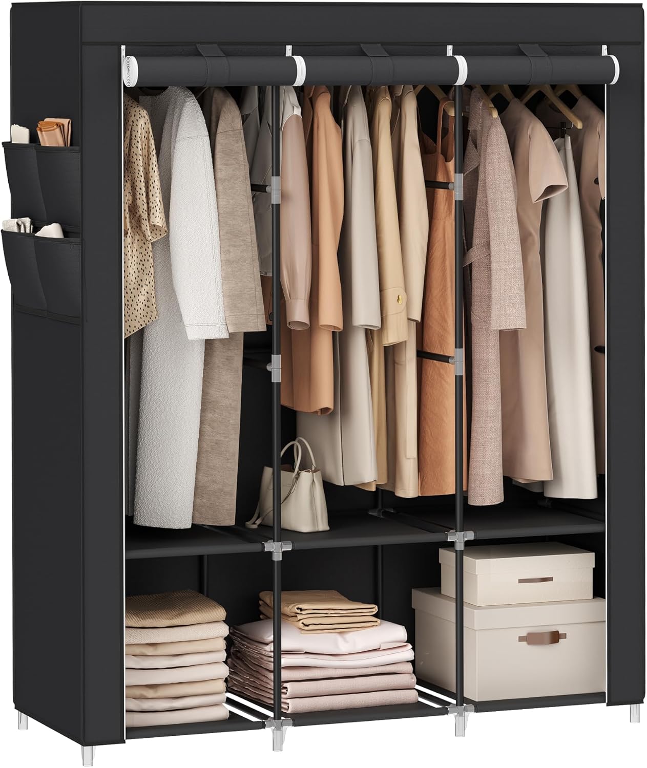 SONGMICS Portable Closet - Wardrobe Organizer with Cover, 3 Rods & Shelves, 51.2" x 17.7" x 65.7", Ink Black