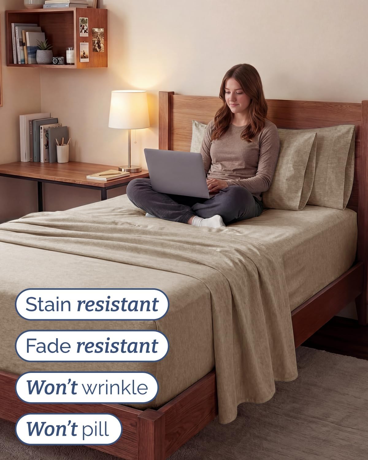 Skiennix Extra Deep Twin XL Sheet Set | 4-Piece Breathable Cooling Bedding - Soft, Wrinkle-Free, Heathered Beige
