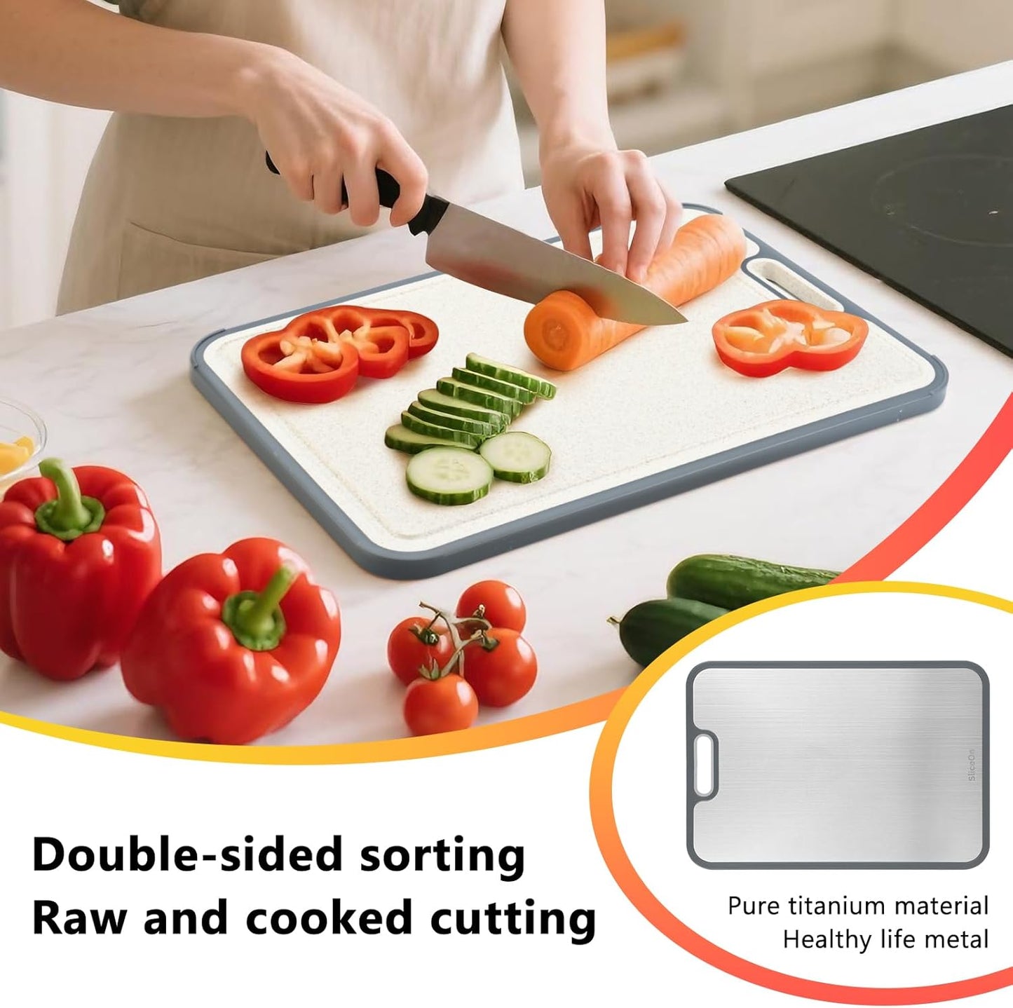 Titanium Cutting Board - Double-Sided Meal Prep Board with Pure Titanium & Wheat Straw | Large 16”×11”