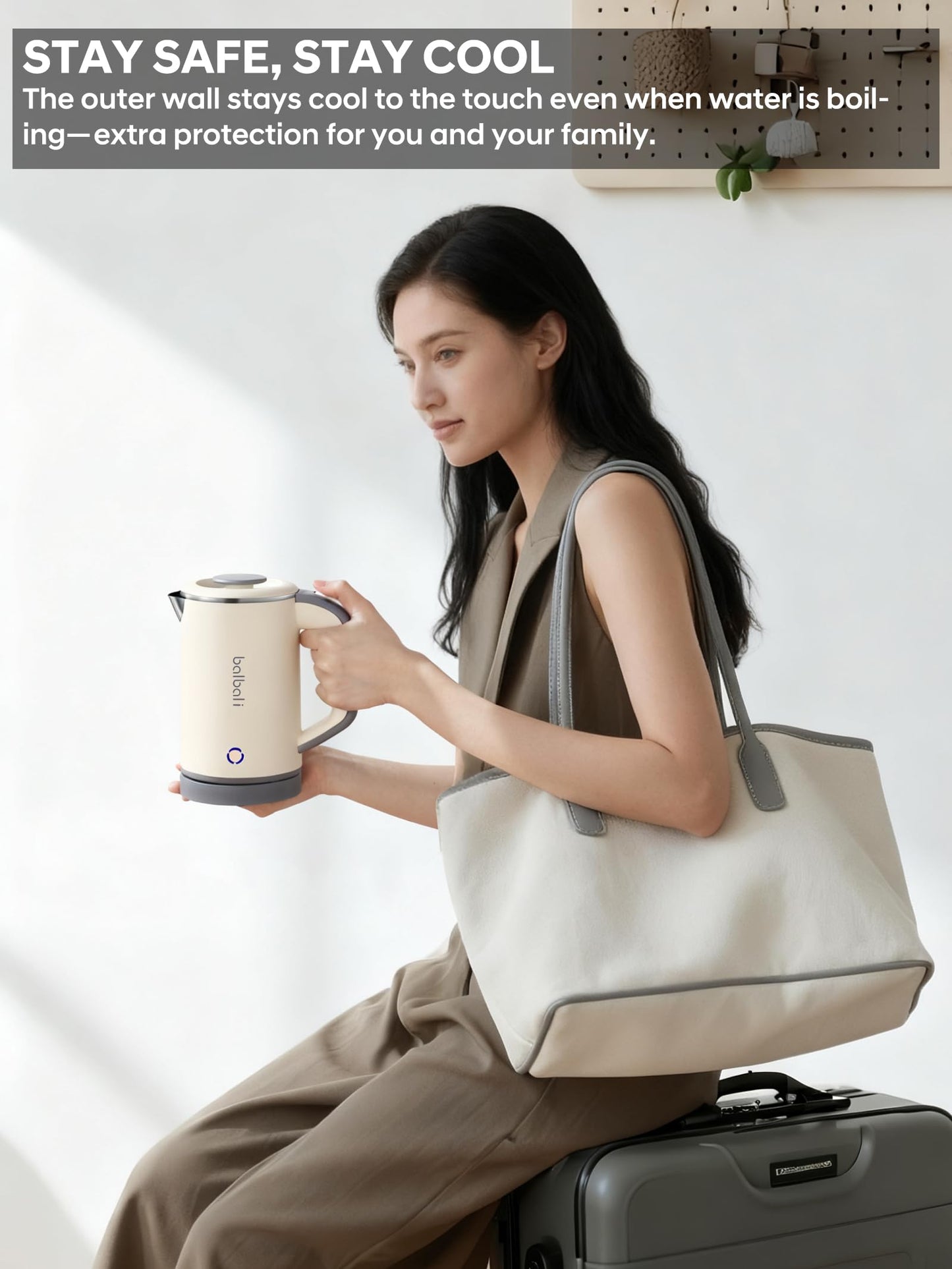 Portable Electric Kettle, 27oz Mini Travel Kettle for Camping & Office, 600W Fast Boiling, Compact Personal Small Kettle with Auto Shut-Off, Stainless Steel Interior, Beige