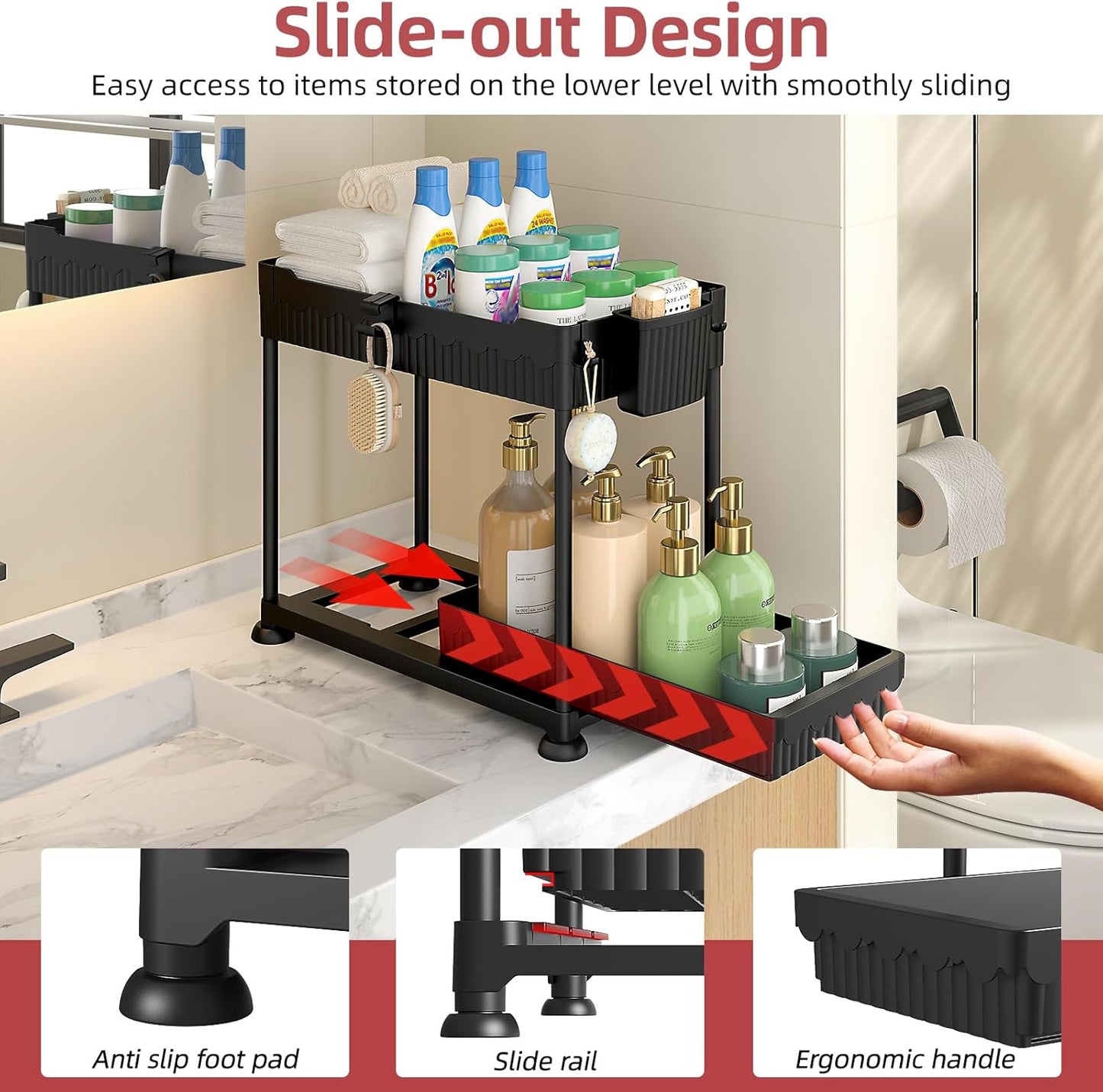 Sevenblue Under Sink Organizer - 2 Tier Multi-Use Pull Out Cabinet Storage with Hooks & Cups | Black, 4 Pack
