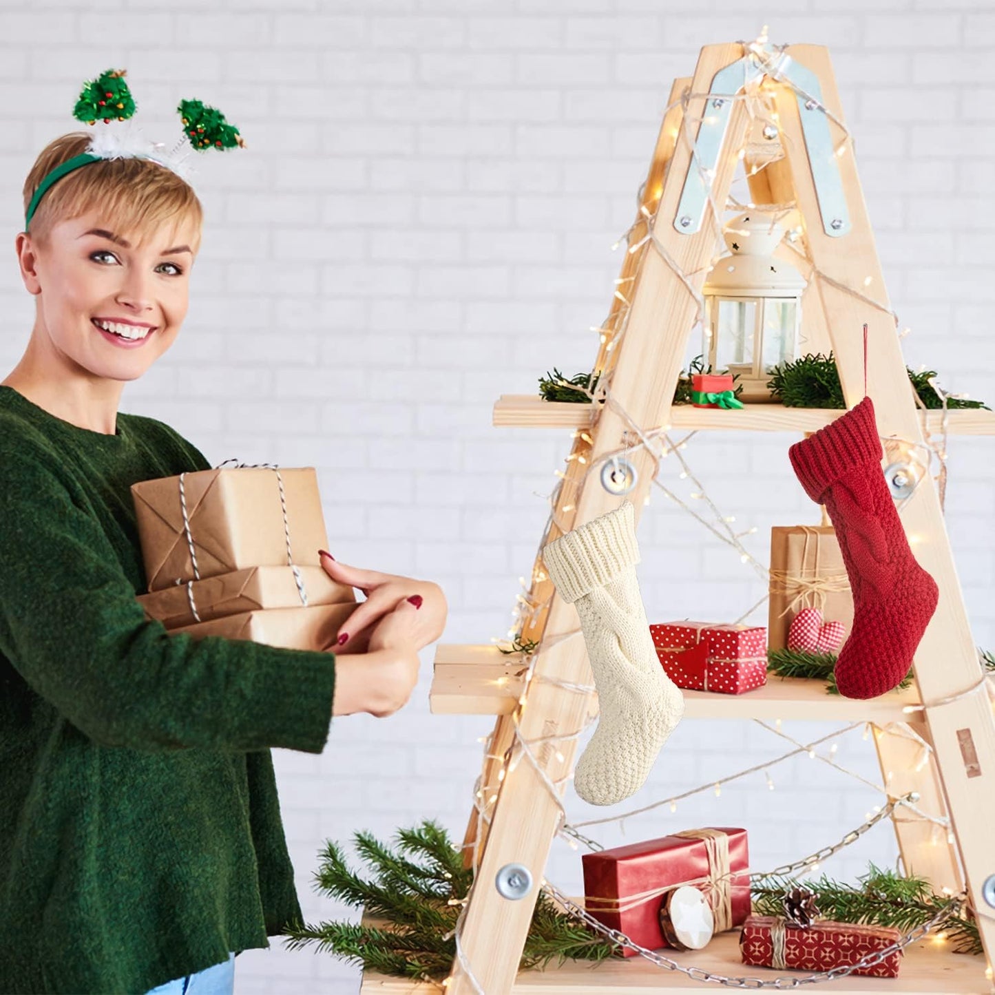 Burgundy & Ivory Knit Christmas Stockings - 14" - Set of 2 Holiday Decor