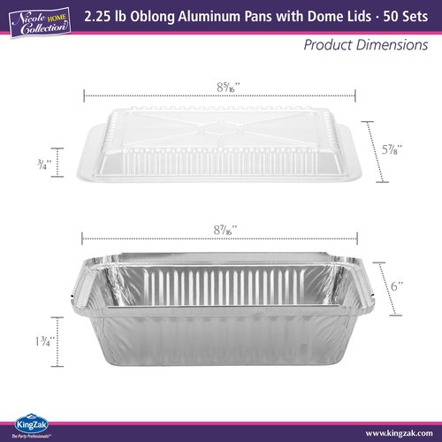 Aluminum Pans With Plastic Dome Lids - 50 Count - 2.25LB (8.5"x6") Oblong Pans - To Go Containers With Lids - Disposable Tin Foil Pans - Perfect For Catering, Meal Prep, Baking, Freezer Safe