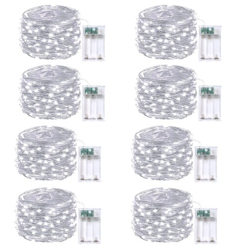 8-Pack Fairy Lights Battery Operated with Remote & Timer & 8 Modes, Waterproof 16 FT 50 LED String Lights Outdoor Indoor, Battery Twinkle Lights for Christmas Bedroom Centerpiece Décor (Cool White)