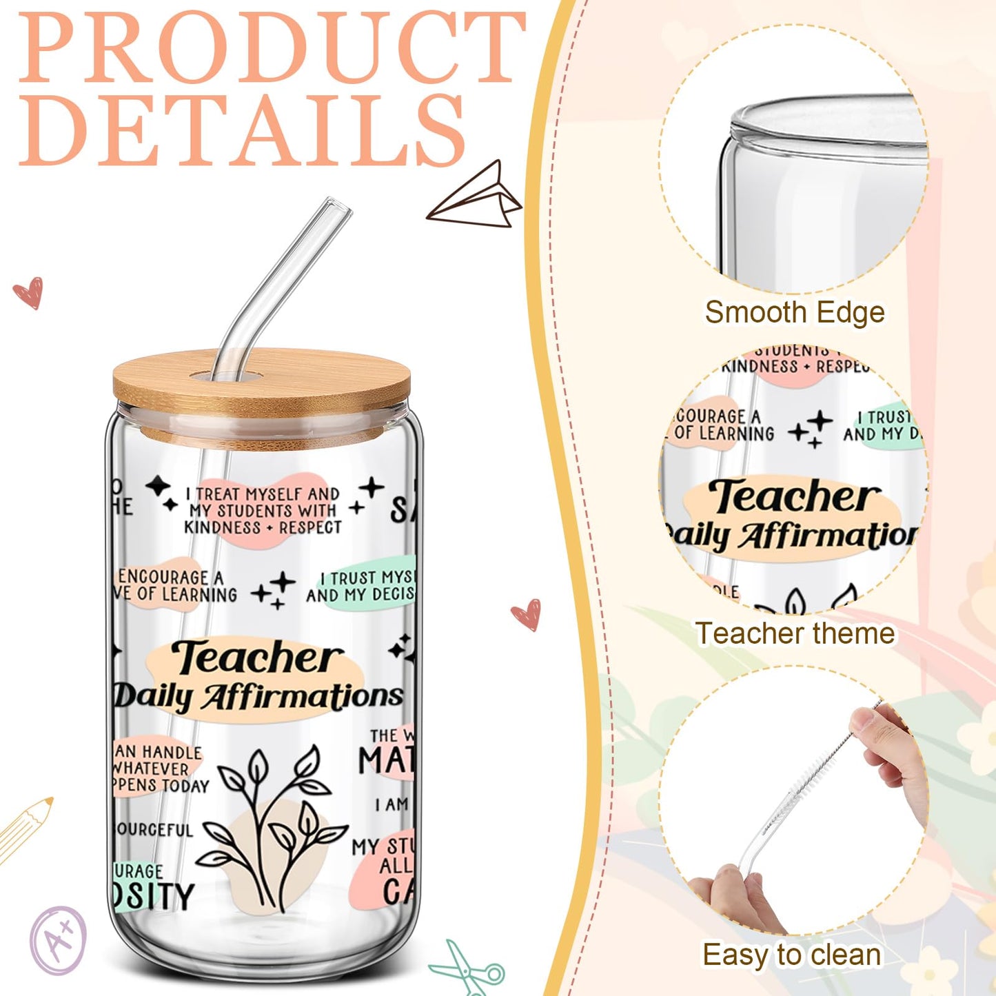 RimCereal 6 Pcs Teacher Appreciation Gifts 2026 Bulk 16 oz Floral Teacher Glass Cups with Lid and Straw Iced Coffee Tumbler Thank You Gifts for Kindergarten Preschool Retirement Graduation Educator