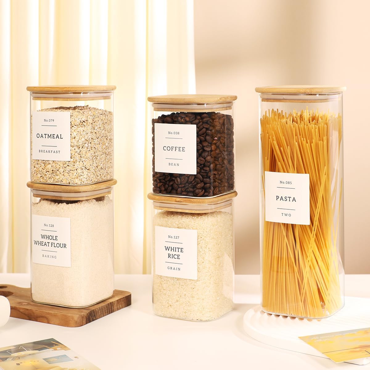 Square Glass Pantry Storage Containers by [Brand Name] - 5 Pack with Airtight Bamboo Lids & 132 Labels | Ideal for Pasta, Cereal, Coffee, Flour, Sugar