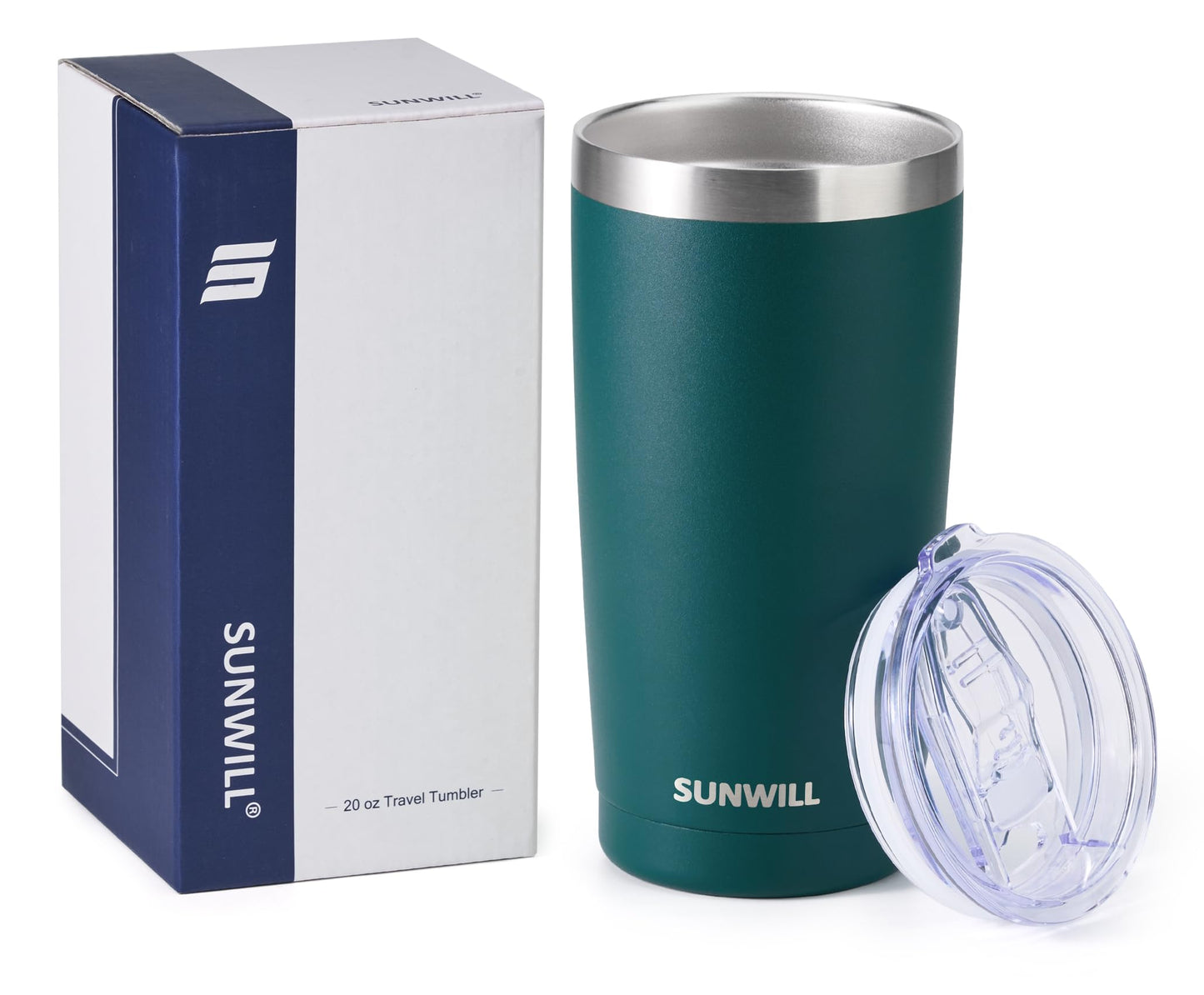 SUNWILL Travel Coffee Tumbler 20 oz, Insulated Mug with Lid, Stainless Steel Cup for Outdoor, Powder Coated Dark Green