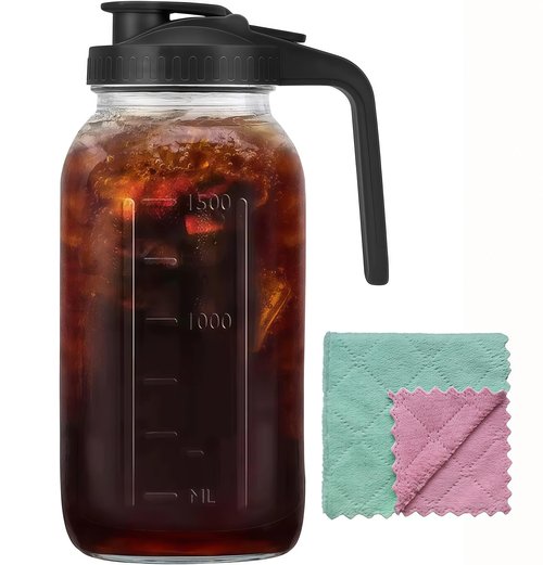 64oz Glass Pitcher Carafes With Handle and Lid, 2 Quart Mason Jar, Large Water Jug, Glass Containers for Fridge, Water Pitcher for Juice, Iced & Sun Tea, Cold Brew Coffee, Homemade Beverage